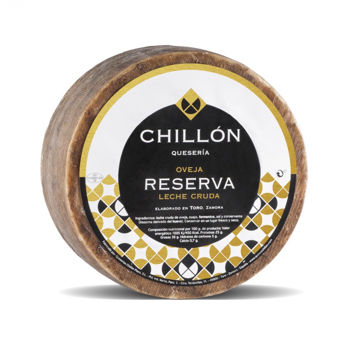 Queso de oveja reserva "Chillón" elaborado con leche cruda, presentado en una rueda con etiqueta negra y detalles dorados y blancos.